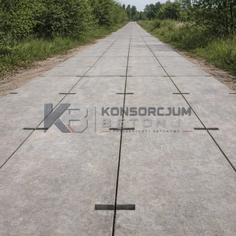 Droga z pełnych płyt betonowych wśród drzew i zieleni